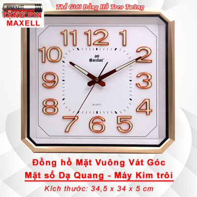 Đồng Hồ Treo Tường Cao Cấp EASTAR Có DẠ QUANG Hình Vuông Cách Điệu - Máy KIM TRÔI NHẬT - Số Nổi 3D - Tặng Pin Maxell - BH 1 Năm