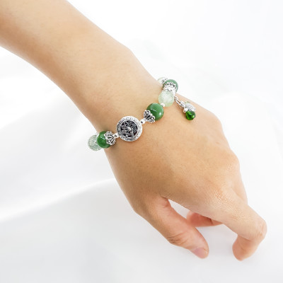 Vòng tay mệnh mộc, hỏa đá thạch anh tóc xanh+ đá ngọc phật mix charm hoa hướng dương