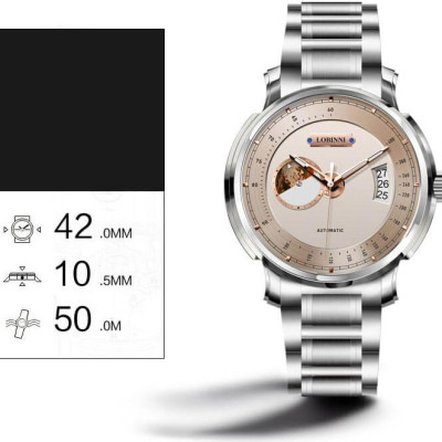 Đồng hồ nam chính hãng LOBINNI L17511-2 Kính chống xước,chống nước 50M,bảo hành 24 tháng,máy cơ Automatic,dây kim loại thép không gỉ 316L,thiết kế đơn giản dễ đeo