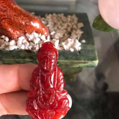 MẶT DÂY CHUYỀN NỮ Size Vừa C44mm xN23mm xS6mm  PHẬT QUAN ÂM ĐÁ CẨM THẠCH ĐỎ ĐẬM ĐẸP  NAM NỮ MỆNH HOẢ THỔ