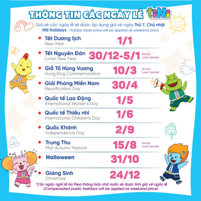 Vé cổng điện tử tiNiWorld STANDARD CUỐI TUẦN/LỄ áp dụng tại các trung tâm tiNiWorld có giá vé vào cổng 120.000 VNĐ