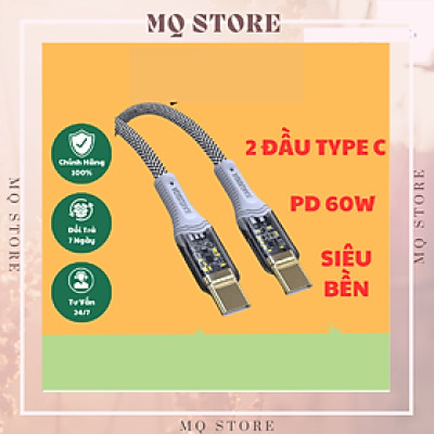Cáp sạc Kaku PD 60W Type-C to Type-C 2 đầu trong suốt, truyền dữ liệu, dây bọc dù chống đứt, đô dài 1m ( hàng chính hãng)
