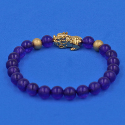 Chuỗi đeo tay Thạch Anh Tím 6 ly cẩn Tỳ Hưu inox vàng VTAITHHBV6 - hợp mệnh Hỏa, mệnh Thổ