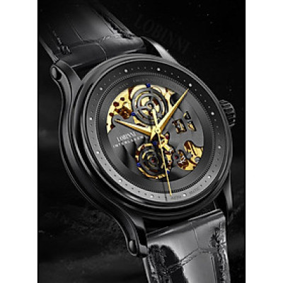 Đồng hồ nam chính hãng Lobinni L5025-1 Kính sapphire chống xước, Chống nước 50m, bảo hành 24 tháng, Máy cơ (Automatic), dây da đen xịn, máy lộ cơ