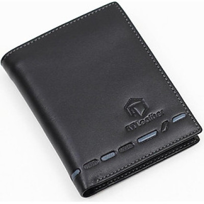 Ví đứng da bò nam cao cấp AT Leather 062 (12 x 9.5 cm) - Đen