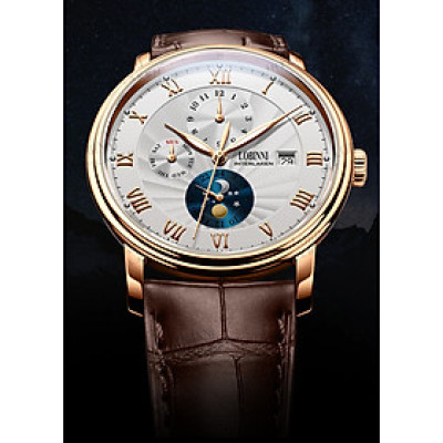 Đồng hồ nam chính hãng LOBINNI Ref.1023-1 (Phiên bản đặc biệt Limited)  Kính sapphire nguyên khối ,chống xước,chống nước 50m,mặt trắng vỏ vàng hồng dây da nâu xịn, thép không gỉ 316L,Đồng hồ cơ (Automatic) bảo hành 24 tháng,thiết kế đơn giản và sang trọng