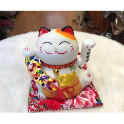 Mèo thần tài Maneki Neko ngũ phúc lâm môn vẫy tay chiêu tài lộc bằng gốm sứ - mẫu giao ngẫu nhiên