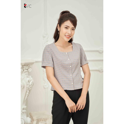 Áo Sơ mi kẻ caro cổ vuông, tay bồng Tri