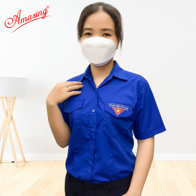 Áo sơ mi nữ đồng phục đoàn viên Việt Nam có chiết 4 ben eo, tay dài và tay ngắn thêu cờ đỏ sao vàng