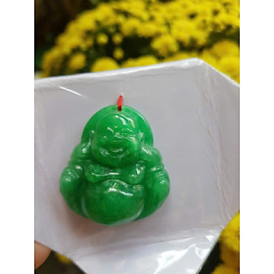 Mặt dây chuyền Nữ Phật Di Lặc bụng tròn Đá Cẩm Thạch Xanh Đậm tự nhiên đẹp Size C36mm x N34mm x S13mm Anh Chị bọc Vàng đeo đẹp ạ