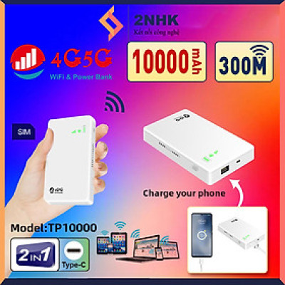 Cục phát wifi từ sim 4G TP10000 kiêm pin sạc dự phòng 10000mAh, bộ phát wifi di động sử dụng mọi loại sim tốc độ cao 300Mbps -Hàng nhập khẩu.