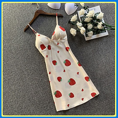 Váy ngủ lụa hai dây dâu tây kèm mút ngực sexy Q121 - Đầm ngủ lụa dâu tây gợi cảm - Váy ngủ