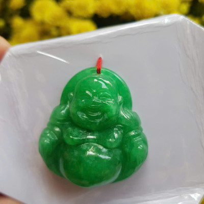 Mặt dây chuyền Nữ Phật Di Lặc bụng tròn Đá Cẩm Thạch Xanh Đậm tự nhiên đẹp Size C36mm x N34mm x S13mm Anh Chị bọc Vàng đeo đẹp ạ