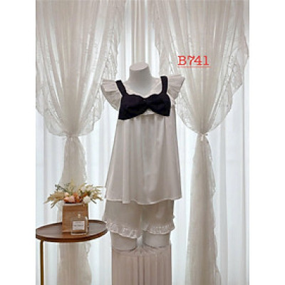 Bộ Đồ Ngủ Lụa B741 Quảng Châu Tiểu Thư Dễ Thương Nơ To