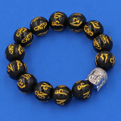 Vòng đeo tay Thạch Anh Đen Phật chú 14 ly cẩn hạt Phật A Di Đà inox bạc VTAEPVNLT14