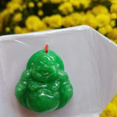 Mặt dây chuyền Nữ Phật Di Lặc bụng tròn Đá Cẩm Thạch Xanh Đậm tự nhiên đẹp Size C36mm x N34mm x S13mm Anh Chị bọc Vàng đeo đẹp ạ