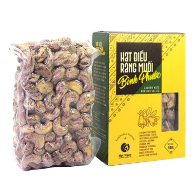 Hạt Điều vỏ lụa rang muối Bình Phước, loại A – Hộp giấy 500g, chuyên dùng biếu tặng.