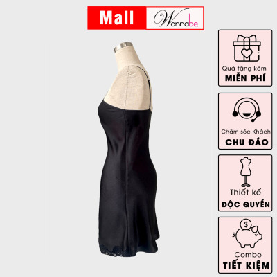 Đầm ngủ phi lụa cao cấp WANNABE DNS14 váy ngủ 2 dây kiểu dáng đơn giản nhẹ nhàng chân váy viền ren lai chăm sóc giấc ngủ