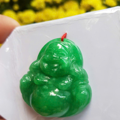 Mặt dây chuyền Nữ Phật Di Lặc bụng tròn Đá Cẩm Thạch Xanh Đậm tự nhiên đẹp Size C36mm x N34mm x S13mm Anh Chị bọc Vàng đeo đẹp ạ