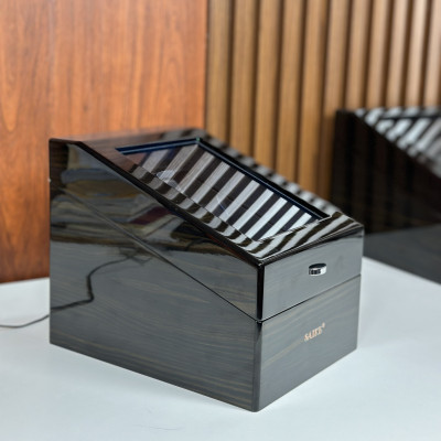 [BH 2 Năm Động Cơ] Hộp Đồng Hồ Cơ 3 Xoay + 3 Tĩnh SAIKE Vỏ Gỗ Sơn Vân Gỗ Mun Có Đèn Led