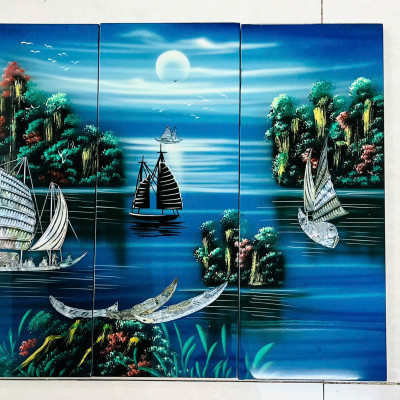 Bộ Tranh sơn mài 4 tấm- THUẬN BUỒM XUÔI GIÓ - Khảm cừ cao cấp size 50x80 cm  - Ý Nghĩa Phong Thủy