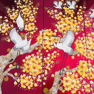 Bộ Tranh sơn mài 4 tấm - HOA ĐÀO & ĐÀN HẠC TIÊN - Size 50x80 cm / 60x120 cm - Ý nghĩa Phong Thủy