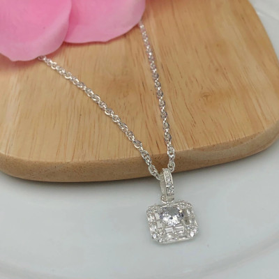 Dây Chuyền Vòng Cổ Bạc Ta Dây Xoắn Kép Và Mặt Vuông Đính Đá Cao Cấp BẠC HIỂU MINH DMD479