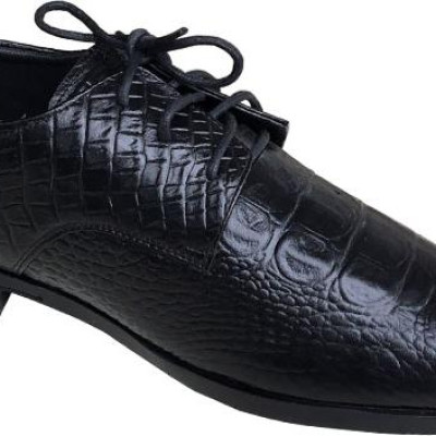 Giày tây nam buộc dây Trường Hải màu đen da bò thật dập vân cá sấu đế cao 3.5cm cao su không trơn  GT0791