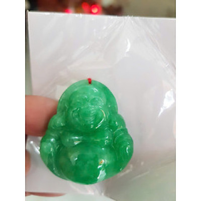 Mặt dây chuyền Nữ Phật Di Lặc bụng tròn Đá Ngọc Cẩm Thạch Xanh tươi đều đẹp Size C40mm x N37mm x S12mm Anh Chị bọc Vàng đeo đẹp ạ