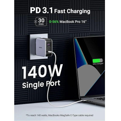 Ugreen UG9054890548TK 140W kèm cáp USB-C dài 1.8M Màu Xám Bộ sạc nhanh Nexode có 2 cổng USB-C và 1 cổng - HÀNG CHÍNH HÃNG