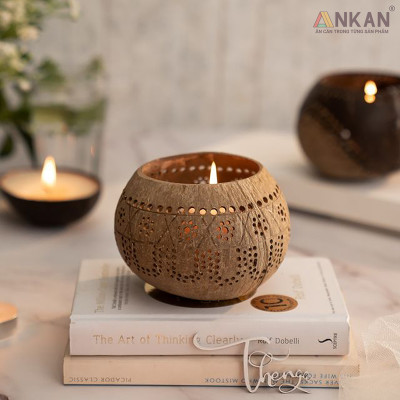 Đèn Gáo Dừa Đựng Nến Tealight Hoa Cúc Handmade Decor Tự Nhiên Trang Trí Spa Cafe ANKAN