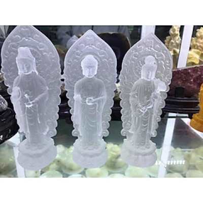 Bộ 3 Tượng Tam Thế Phật Tây Phương Tam Thánh đứng đá thạch anh lưu ly vàng và trắng - Cao 17 cm