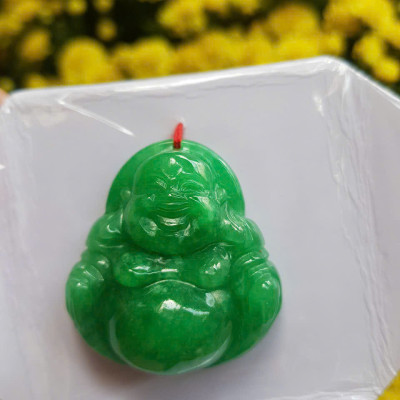 Mặt dây chuyền Nữ Phật Di Lặc bụng tròn Đá Cẩm Thạch Xanh Đậm tự nhiên đẹp Size C36mm x N34mm x S13mm Anh Chị bọc Vàng đeo đẹp ạ