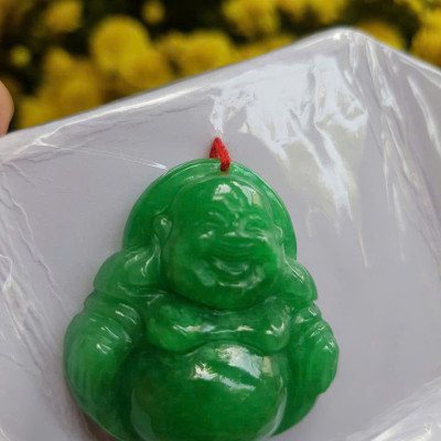 Mặt dây chuyền Nữ Phật Di Lặc bụng tròn Đá Cẩm Thạch Xanh Đậm tự nhiên đẹp Size C36mm x N34mm x S13mm Anh Chị bọc Vàng đeo đẹp ạ