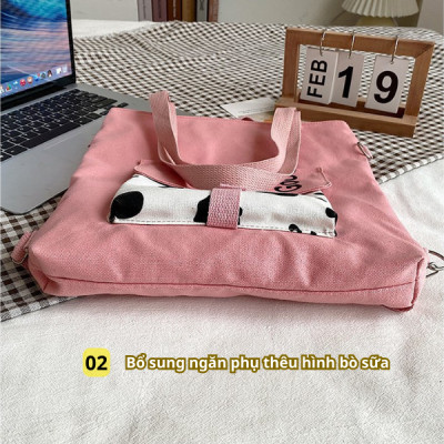 Túi đeo chéo BH Kids họa tiết Bò Sữa, phiên bản Hàn Quốc; vải Canvas, đựng vừa máy tính bảng, sách A4 - CH123