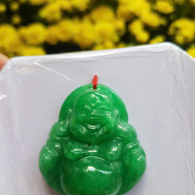 Mặt dây chuyền Nữ Phật Di Lặc bụng tròn Đá Cẩm Thạch Xanh Đậm tự nhiên đẹp Size C36mm x N34mm x S13mm Anh Chị bọc Vàng đeo đẹp ạ