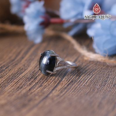 Nhẫn bạc mắt hổ xanh đen mỏng Freesize mệnh thủy, mộc - Ngọc Quý Gemstones