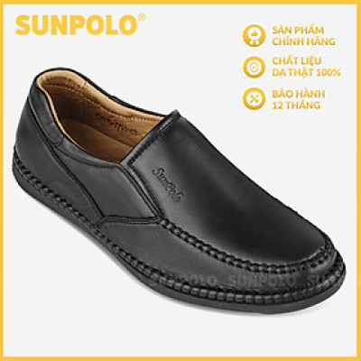 Giày lười nam da bò đế cao su mũi tròn SUNPOLO MOI015 có big size lớn 45 46