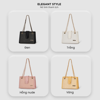 Túi xách nữ đeo vai công sở phom đứng, túi đeo chéo nữ họa tiết đan mây phối dây xích IDIGO FB2 - 5061