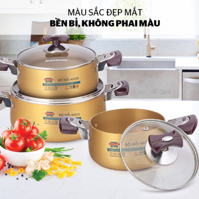 Bộ nồi anod Sunhouse SH6634 - Bộ nồi dùng bếp gas - Bộ nồi dùng bếp hồng ngoại - Bộ 3 nồi Sunhouse - Thiết kế sang trọng, chất liệu Anod cao cấp, không phai màu, không biến dạng khi va đập, vung kính cường lực siêu bền - Hàng chính hãng