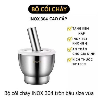 Cối chày inox 304  cao cấp đúc nguyên khối - Kèm nắp đậy , dùng giã hành tỏi, ớt, cua  , dày dặn, không bám mùi, dễ vệ sinh - Size 10cm