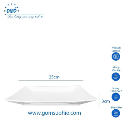 Đĩa Vuông 25cm Sứ Trắng OHIO