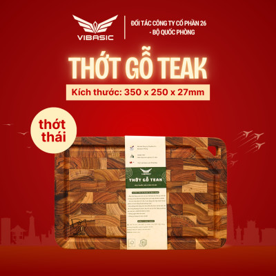 Thớt gỗ Teak Vibasic A80 phiên bản YÊU NƯỚC, ghép dựng block kích thước 350x250x27mm có lỗ treo, khắc logo 80 năm 2/9