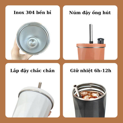 Ly Giữ Nhiệt Phong Cách Trẻ Trung, Chất Liệu Inox304, Giữ Nóng Lạnh, Kèm Ống Hút , Có Nắp Đậy Và Ron Cao Su Chống Tràn , Chống Đổ - Hàng chính hãng
