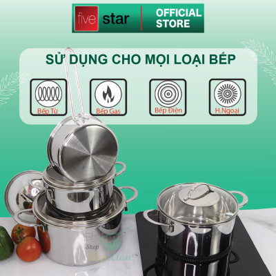 Bộ nồi chảo chống dính sâu lòng tổ ong 3 lớp đáy liền inox 304 Fivestar Plus quai oval nắp kính , tặng 1 sạn inox
