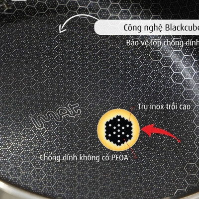 [Hàng chính hãng] Nồi nông inox iMat Blackcube 22cm, Cao 9.8cm, Thể tích 3.2l, Phủ chống dính Daikin-Nhật Bản thế hệ mới