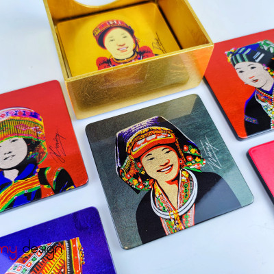 BỘ 6 LÓT CỐC SƠN MÀI HÌNH CÁC CÔ GÁI DÂN TỘC.