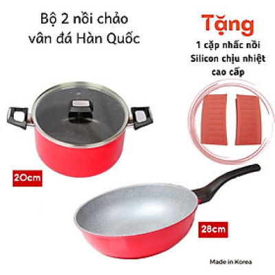 Tặng cặp nhấc nồi- Combo 2 món, nồi chống dính Kimscook  20cm và Chảo đúc Ecoramic sâu lòng 28 cm đỏ chính hãng Hàn Quốc