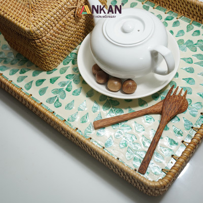 Khay Mây Khảm Trai Cỡ Lớn 56cm – Đựng Vật Dụng, Trang Trí Decor Nhà Hàng – ANKAN