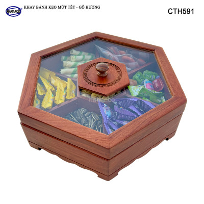 Khay Đựng Mứt Tết Bằng Gỗ Hương Nắp Kính Lục Giác Trong Suốt Sang Trọng - CTH591